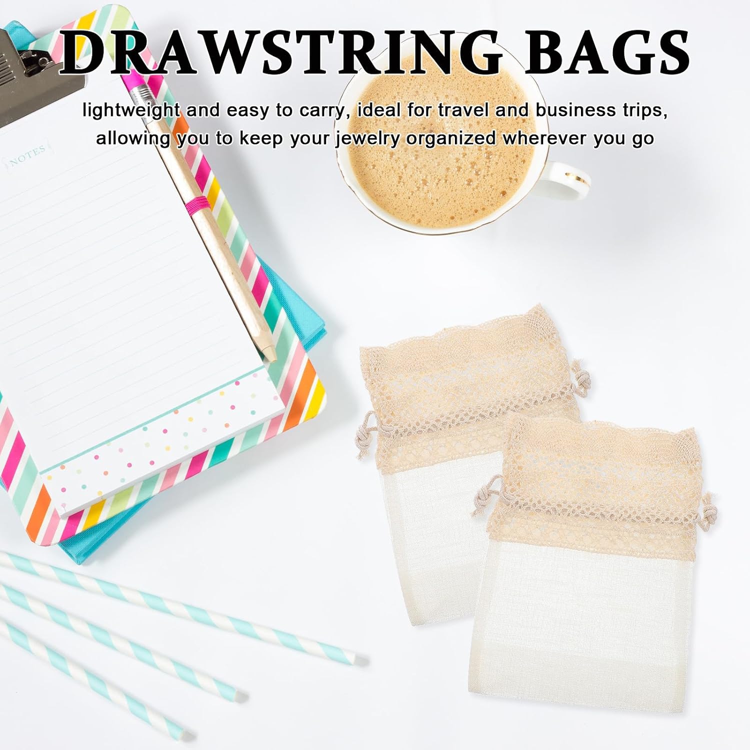 COHEALI 12 Pcs White Lace Canvas Drawstring Bags Portable Jewelry Pouches with Creative Embroidery Design for Travel and Party Favors