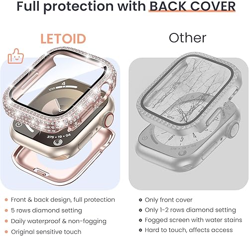 Miniatura 3 de LETOID Funda protectora de pantalla impermeable brillante de 1.614 in para Apple Watch Series 9, 8, 7, 2 en 1, cubierta frontal y trasera,