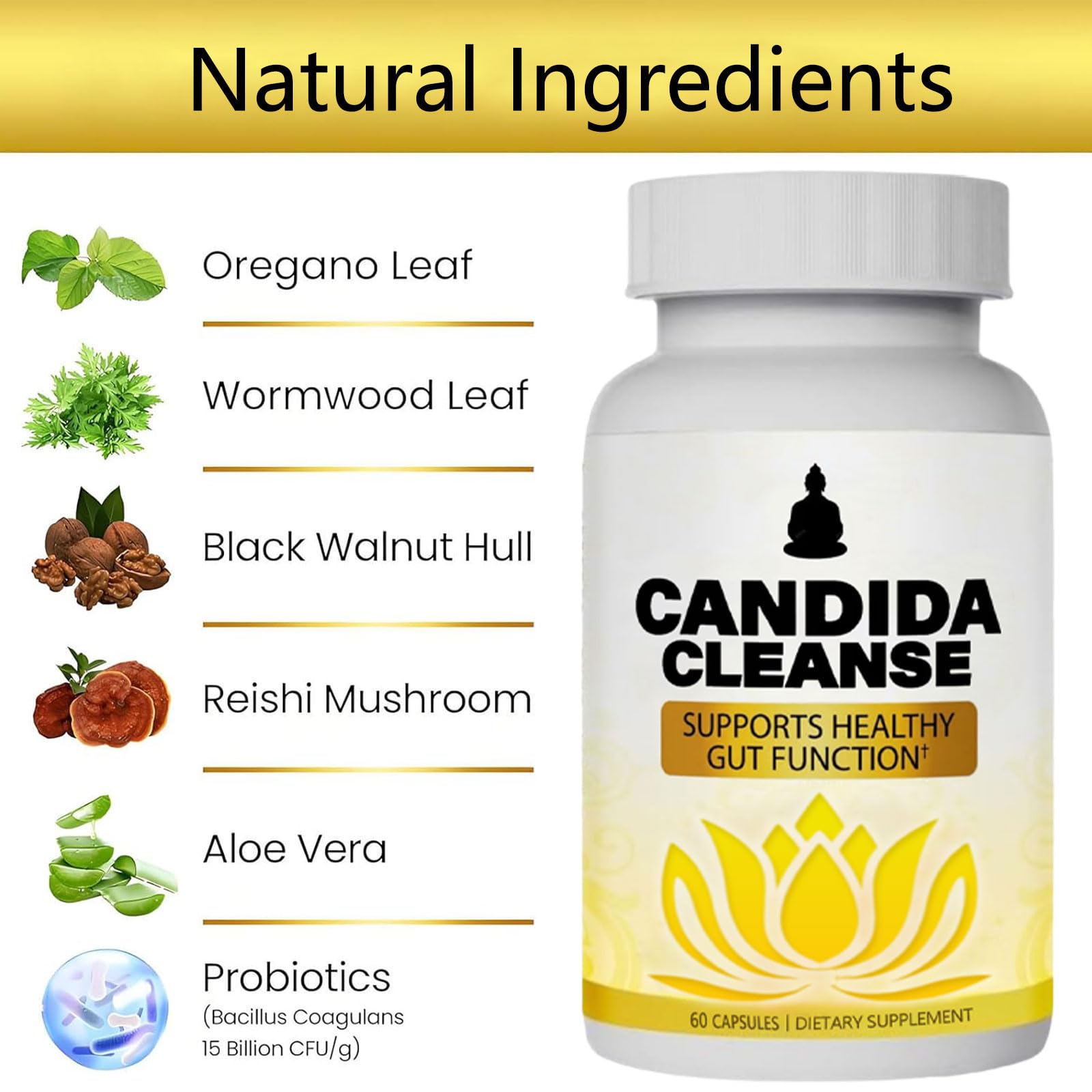 Candida Cleanse - Gut & Colon Support, Advanced Probiotic & Herbal Formula, Natural Herbal Formula, Oregano Leaf, Wormwood, Black Walnut, Caprylic Acid-1 for Men & Women, 60 Capsules — Amazon image 3