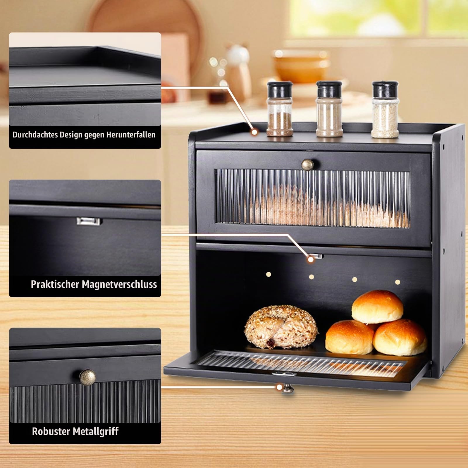 Bambus Brotkasten 2 Etagen,Eco Brotbox Brotkorb,Brotbehälter lebensmittelecht,Aufbewahrungsbox Küche Brotaufbewahrung Brotbehälter für Brot, Röstbrot, 36.5x24x34(LxBxH) cm