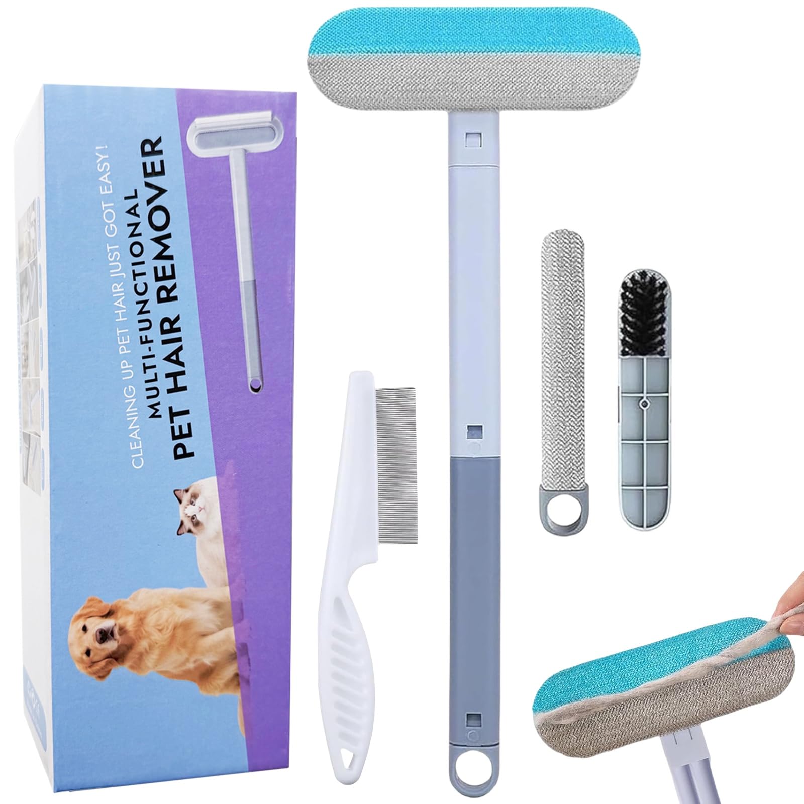 Pet Hair Remover Brush - Reusable Multifunctional Pet Hair Removal Tool for Furniture, 4 in1 Cat and Dog Hair Removal, 17.3Inch Adjustable Long Handle, Gentle on Couch Carpets Bedding (1 Set)
