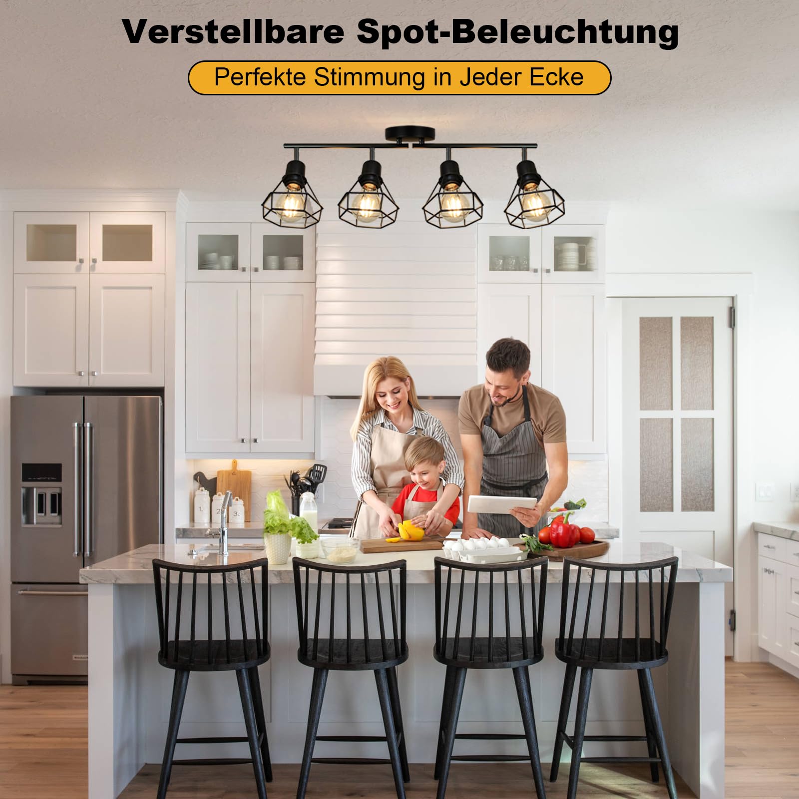 Deckenstrahler 4 Flammig E27 LED Deckenlampe Schwarz | Metall, Vintage, Schwenkbar 350°, Küchenlampe mit Lochmuster-Schirm, Wohnzimmerlampe für Küche Gewerbe, Ohne Leuchtmittel