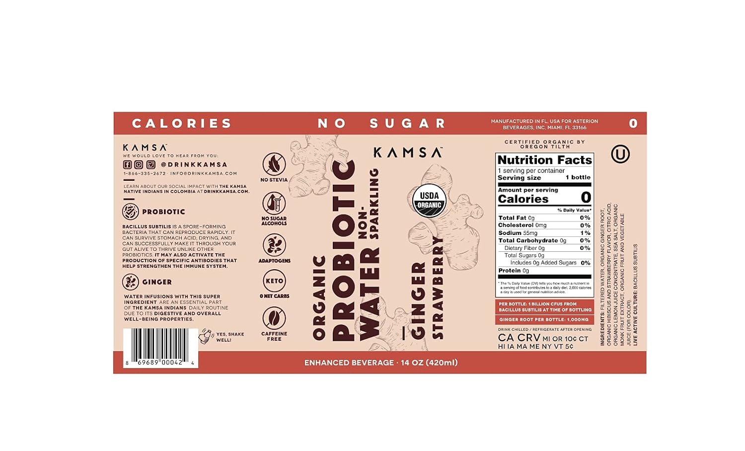 KAMSA Ginger Strawberry Organic Probiotic Water, Non-Sparkling, 2 Billion CFUs of B. Coagulans, No Sugar, 0 Calories, No Stevia, No Sugar Alcohols, 14 oz, Pack of 12