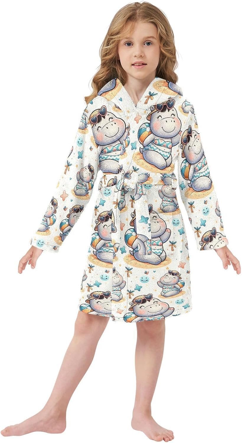 senya Cute Hippo Girl Toddler Hooded Bathrobe Kids Soft Plush Bath Towel Robes for Boys Girls 2-12 Years