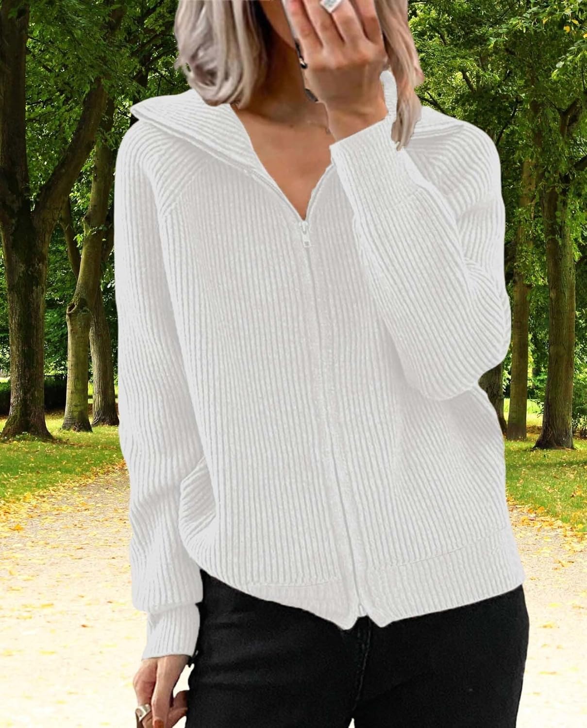 Womens Zipper Long Sleeve Casual Loose Cardigan Cable Knit Solid Color Sweater Jacket Fashion Autumn Womens - Image 2