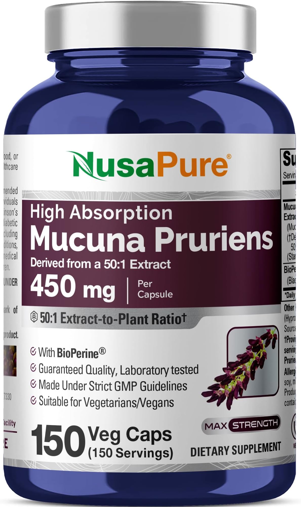 NusaPure Mucuna Pruriens Capsules, 450 mg, 150 Veggie Capsules (Gluten Free, Non-GMO)