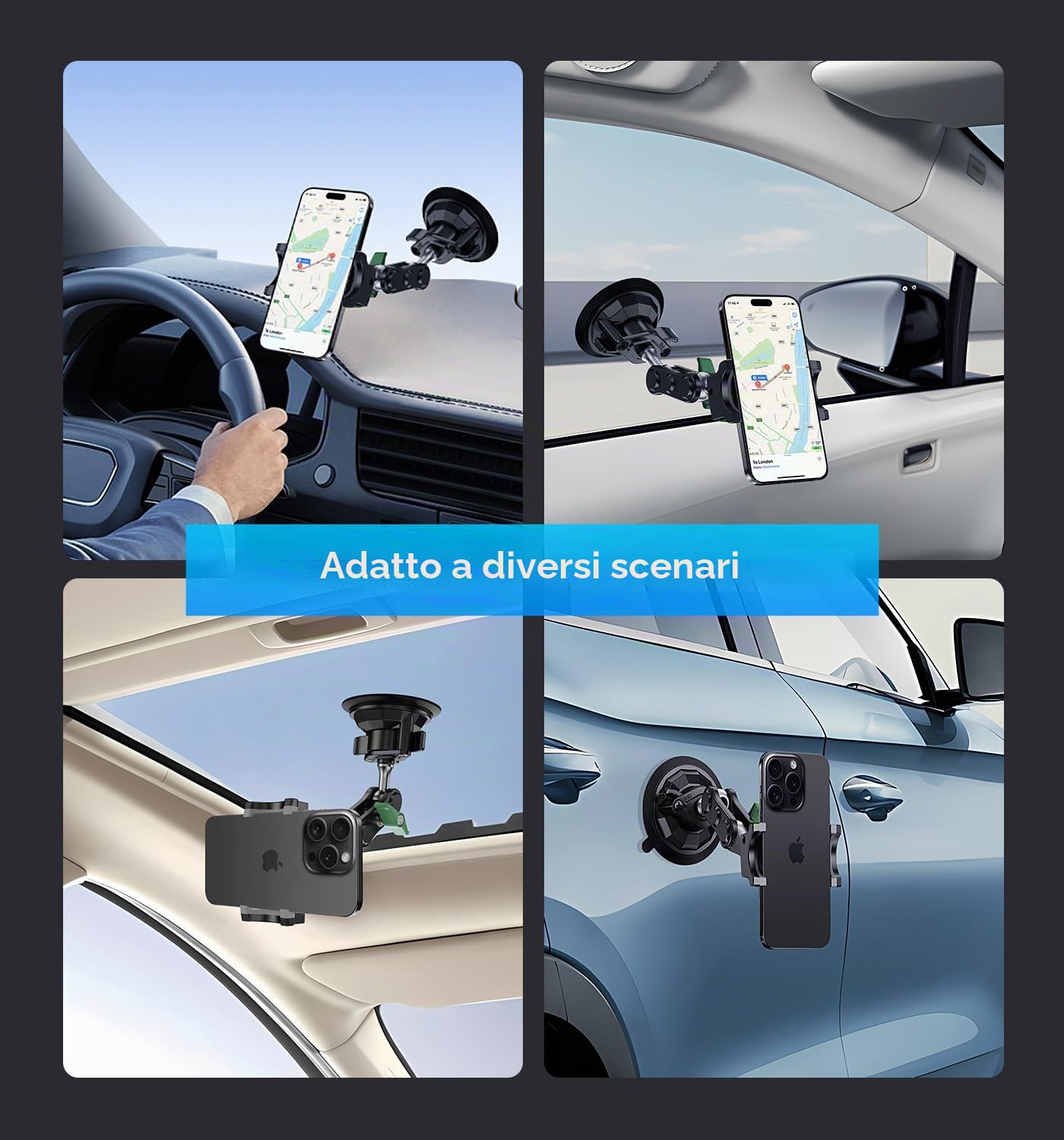 MAGIC JOHN Supporto per telefono da auto, girevole a 360°, forte aspirazione e morsetto stabile, per iPhone per Samsung, auto per smartphone da 4 a 7" (lungo)