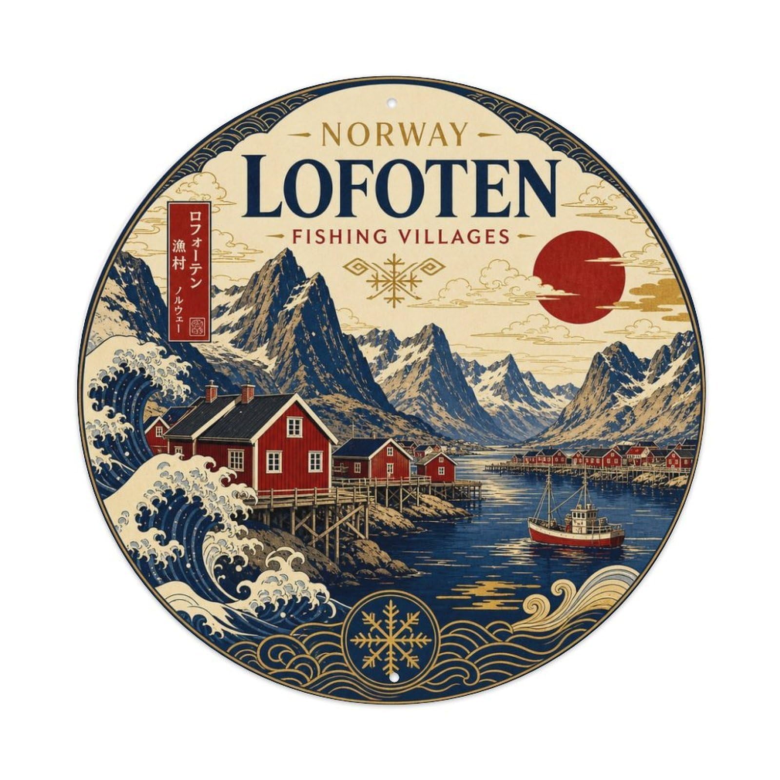 Lofoten Fishing Villages Nordic Woodblock Island Travel Metal Tin Sign Plaque Wall Decor for Cafe, Man Cave, Club Bar, Office, Home Garden Round Metal Poster 8x8Inch
