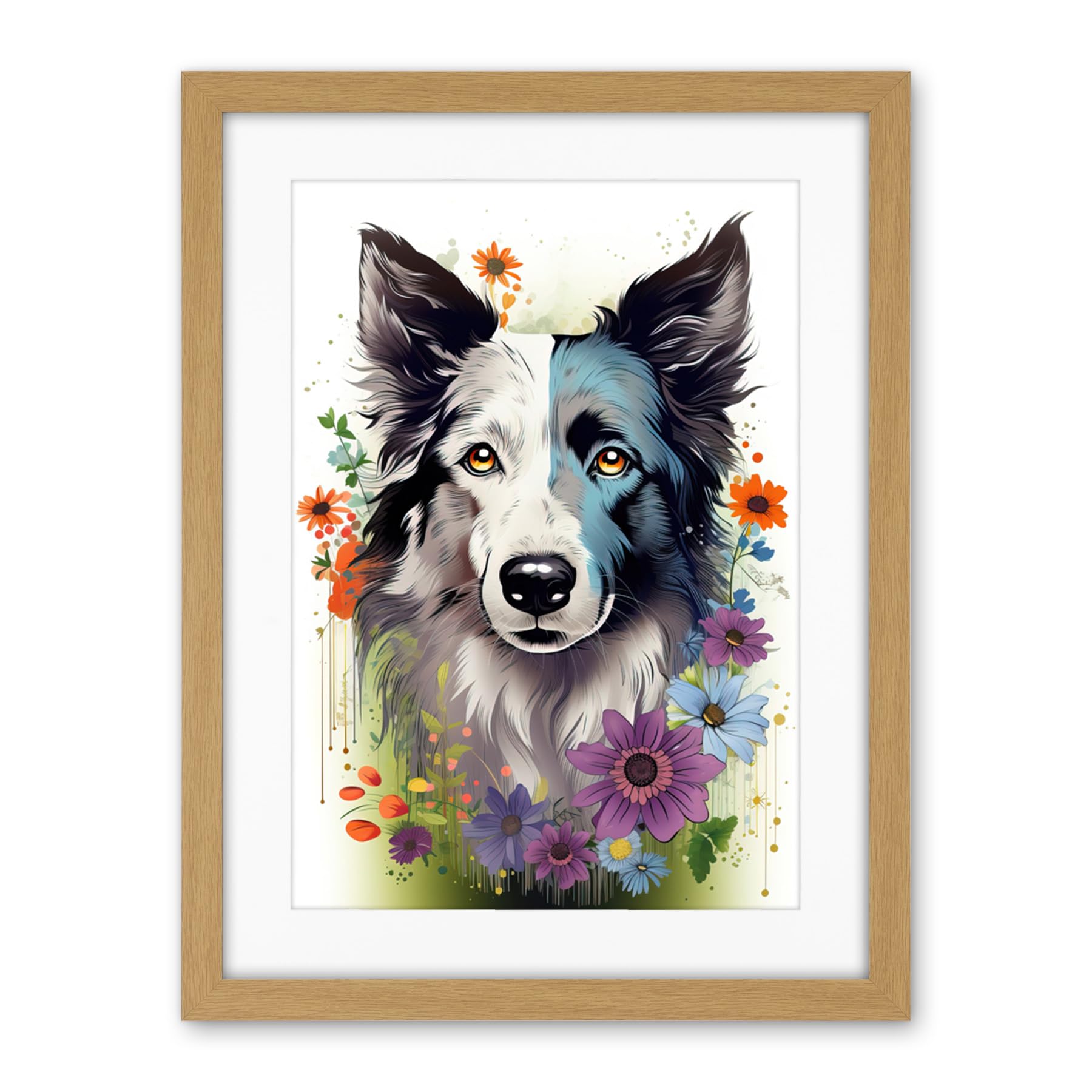 Artery8 Border Collie Dog Pict Scotland Blue Bawsant Face Bright Artwork Portrait with Wildflowers Artwork Framed Wall Art Print 18X24 Inch