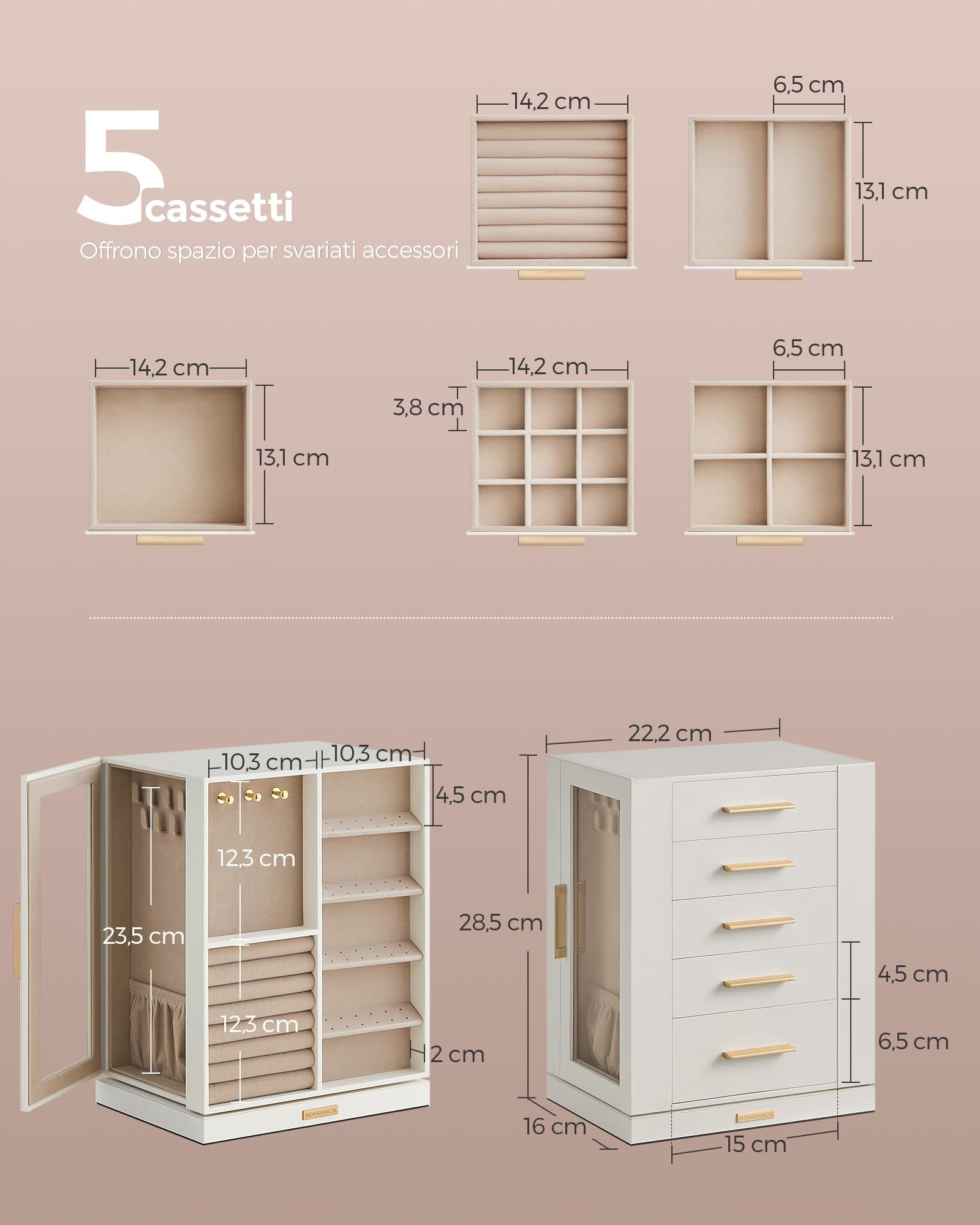 SONGMICS GISELLA Collezione - Scatola Portagioie Girevole a 360°, Porta Gioielli Verticale con 5 Cassetti, Finestre in Vetro, Capiente, Design Aperto, Idea Regalo, Bianco Nuvola JBC170W01