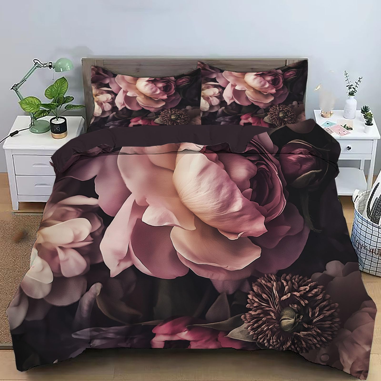 Housse de couette vintage esthétique rose pivoine pour chambre d'ado