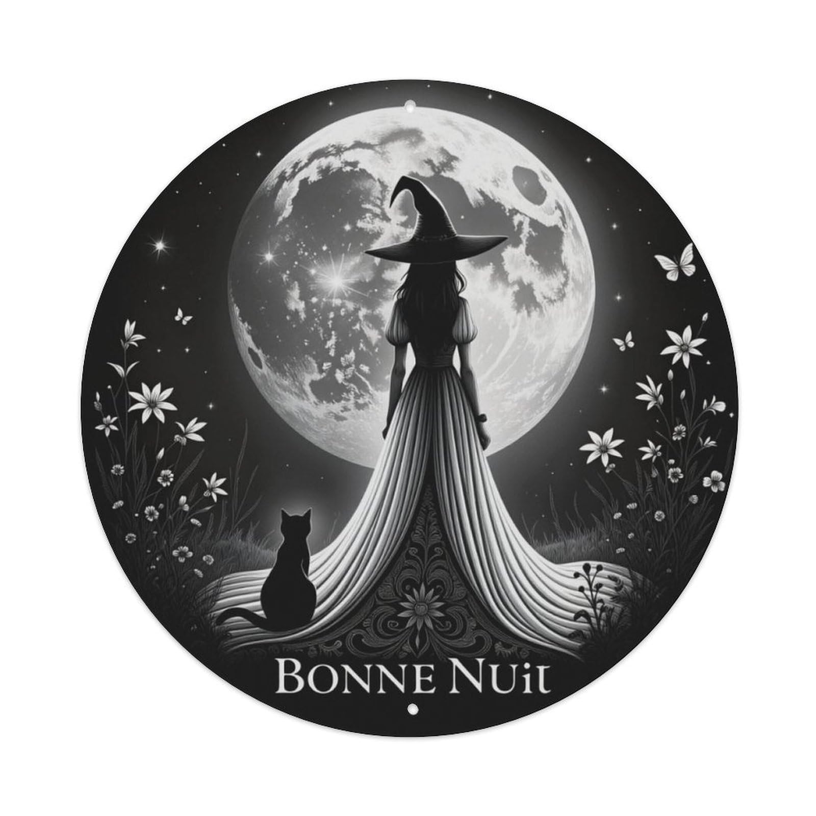 Moon Witch Black Cat French Good Night Round Sign Vintage Aluminium Metal Sign, Retro Wall Decor for Home, Bar, Garage & Farmhouse 20x20cm