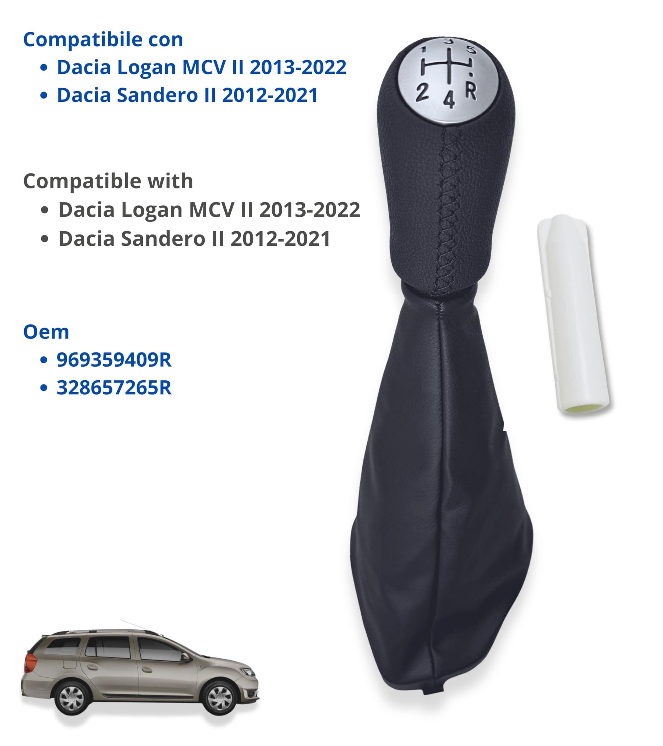 1neiSmartech Kit Schaltknauf 5 Gang und Schaltsack mit Ring kompatibel mit Dacia Logan MCV II 2013-2022, OEM 969356242R, Set Farbe Schwarz mit schwarzen Nähten