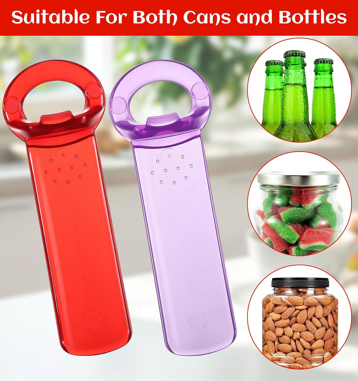2 PCS Jar Key Lid Opener, 5.5 X 1.96 in Plastic Jar Key with Easy Grip for Weak Hands (Transparent Red and Purple)