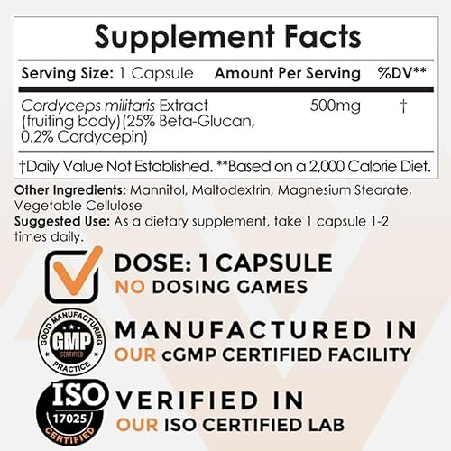 Miniatura 3 de Nootropics Depot Cordyceps - Cápsulas de hongos  500 mg  60 unidades  Cordyceps militaris  Extracto orgánico de hongos fructíferos para todo el