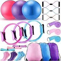 Vista 13 de Poen Juego de anillos de pilates y pelota para mujer, anillo de pilates, bola circular con correa de estiramiento, 8 bandas de resistencia