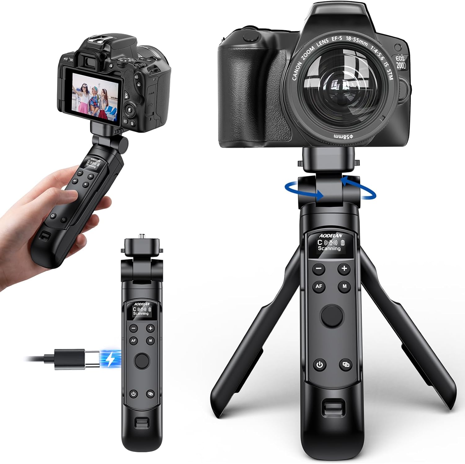 Wireless Rechargeable Camera Remote Shooting Grip Tripod with OLED Screen for Canon - Video, Zoom & Focus Control,Handheld Vlog Shooting for EOS R5, R6, T7i, M50, EOS RP,G5 X, M6 Mark II(Black)