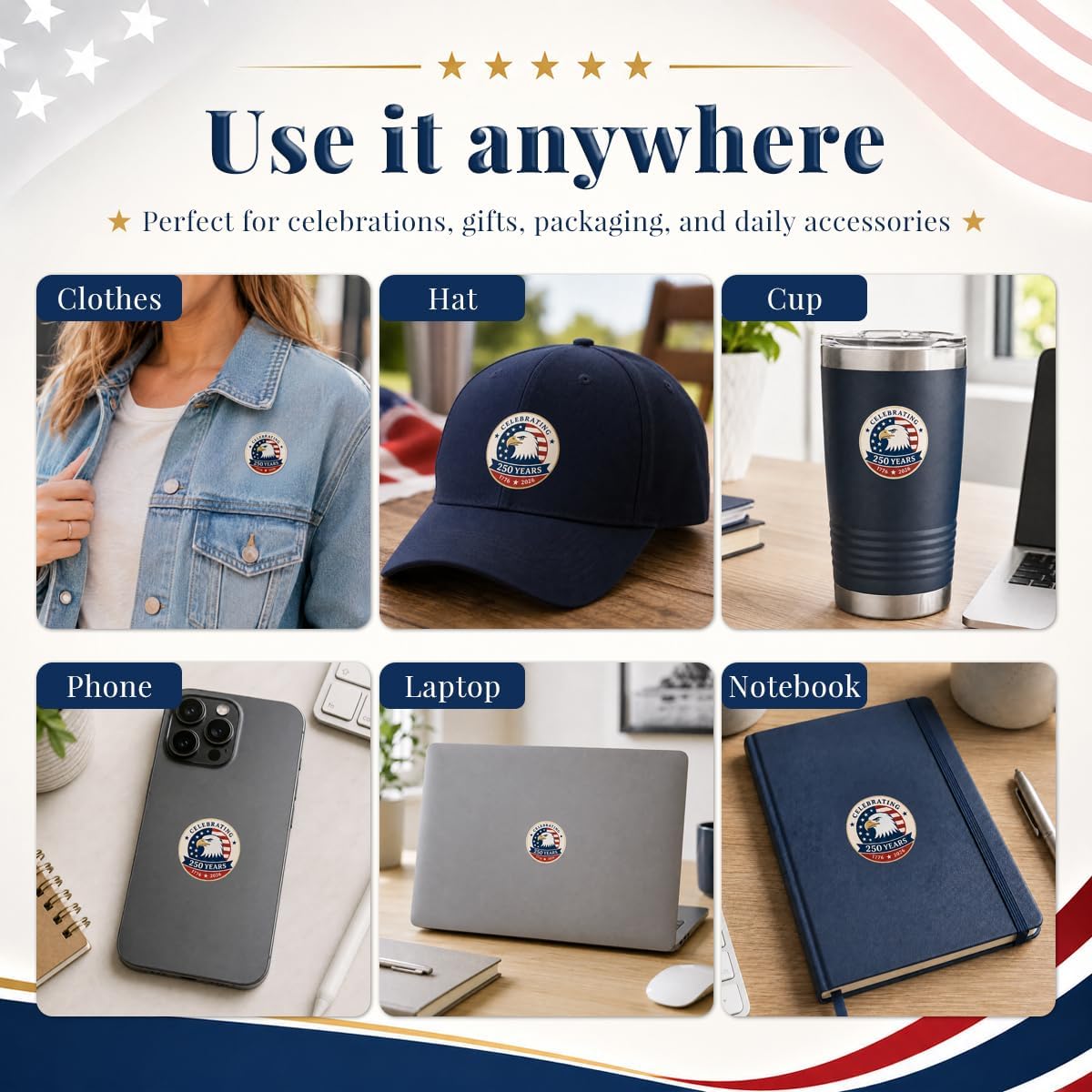 500 Pcs/Roll 1.77" Round Patriotic 250th Anniversary Stickers, Vintage Waterproof 4th of July USA Decals, Retro American Flag Labels for Gifts, Envelopes, Party Decor image 5