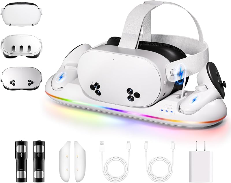 Base de Carga para Meta Quest 3/3S- Estación de Carga Rápida Compatible con Oculus Quest 2/3/3S-VR Accesorios de Carga con Luz RGB- Soporte de Carga Magnético para Controlador- 2 Baterías Recargables