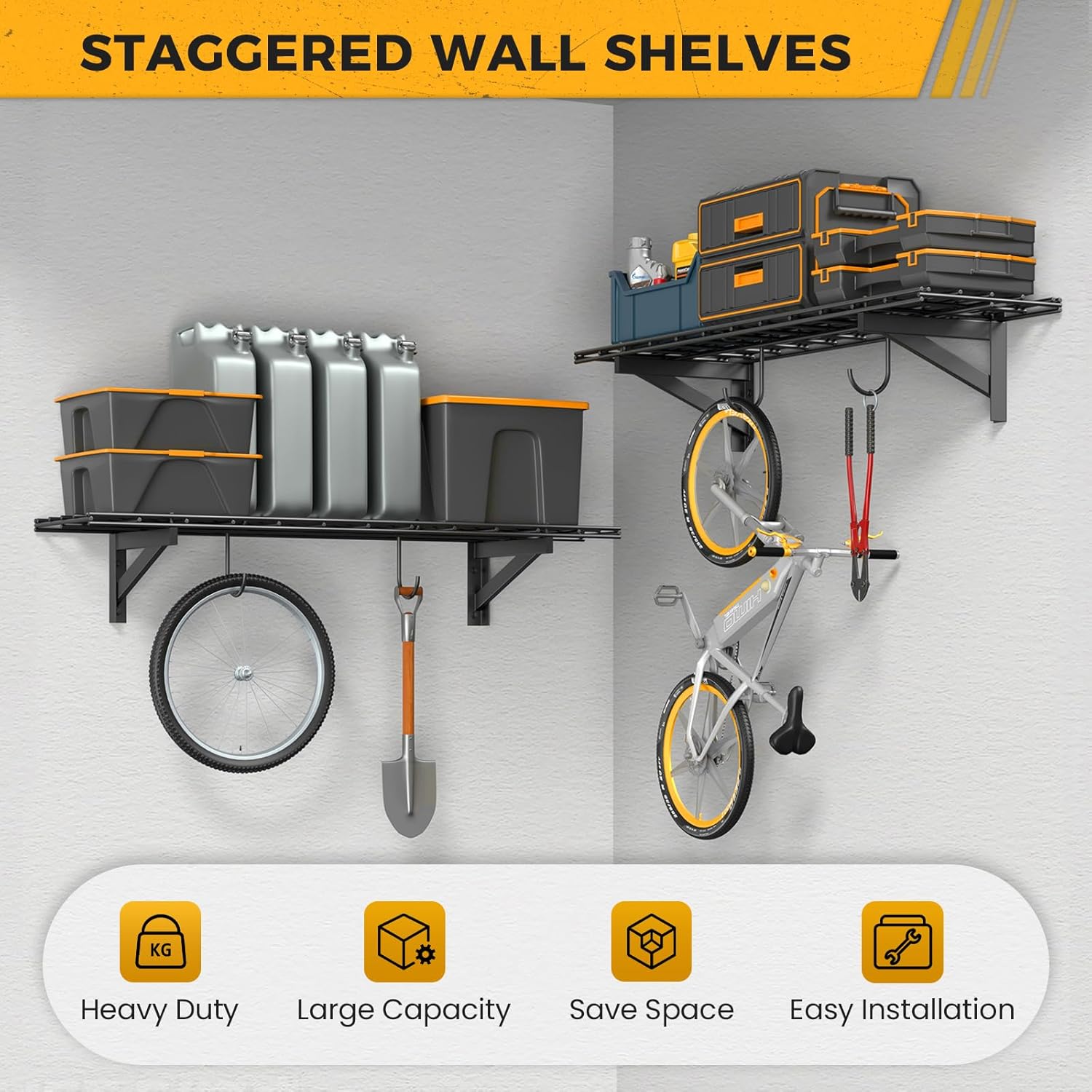 2 Pack Garage Shelving Wall Mount (1x4ft), Heavy Duty Iron Tool Organizer with 4 Hooks, 700 lbs Capacity Garage Storage Rack for Workshop, Warehouse