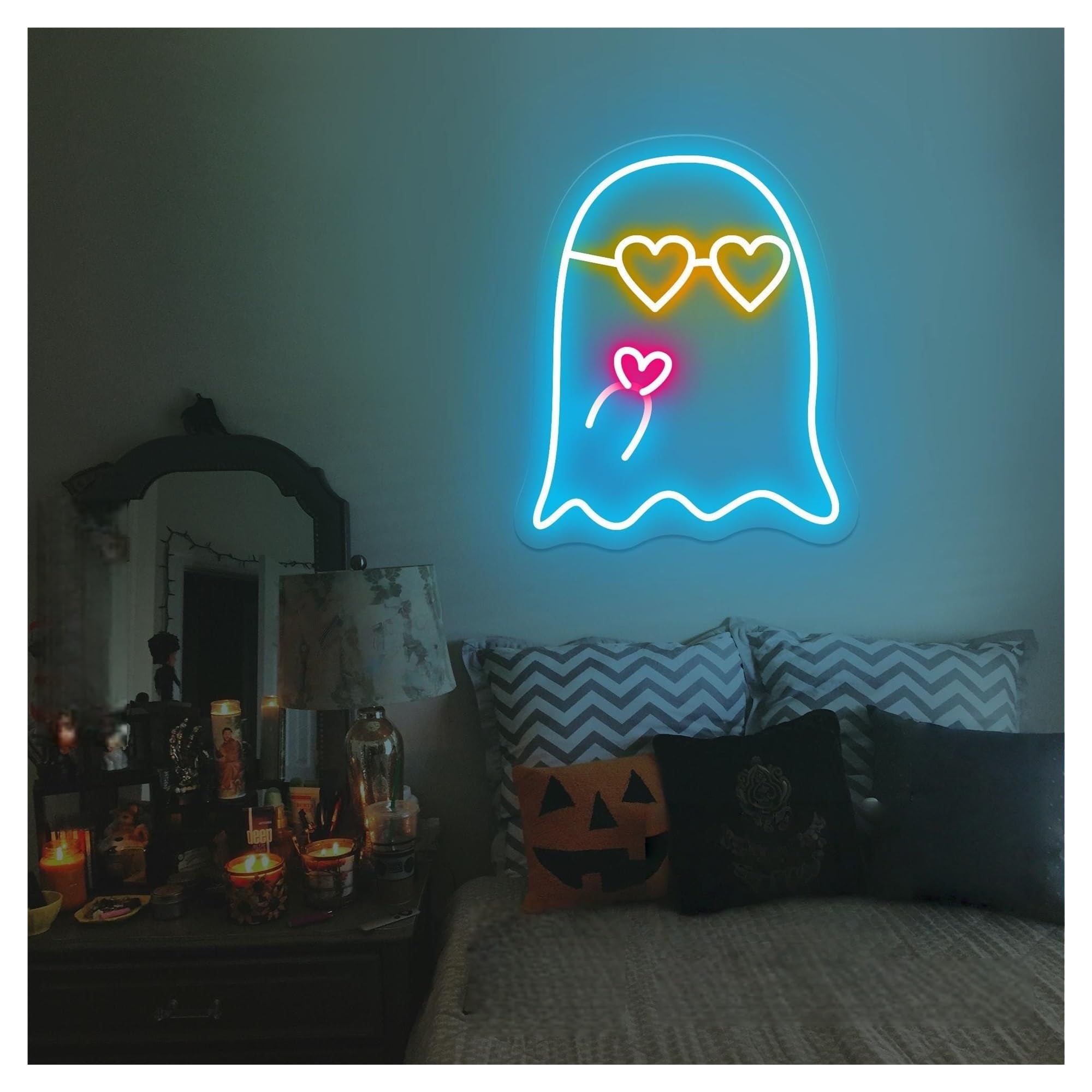 RONGCH Hanging Art Neon Signs Ghost with Heart Neon Sign, Suitable for Home Festival Party Decor Brightness Adjustable 30cmx38cm(D)