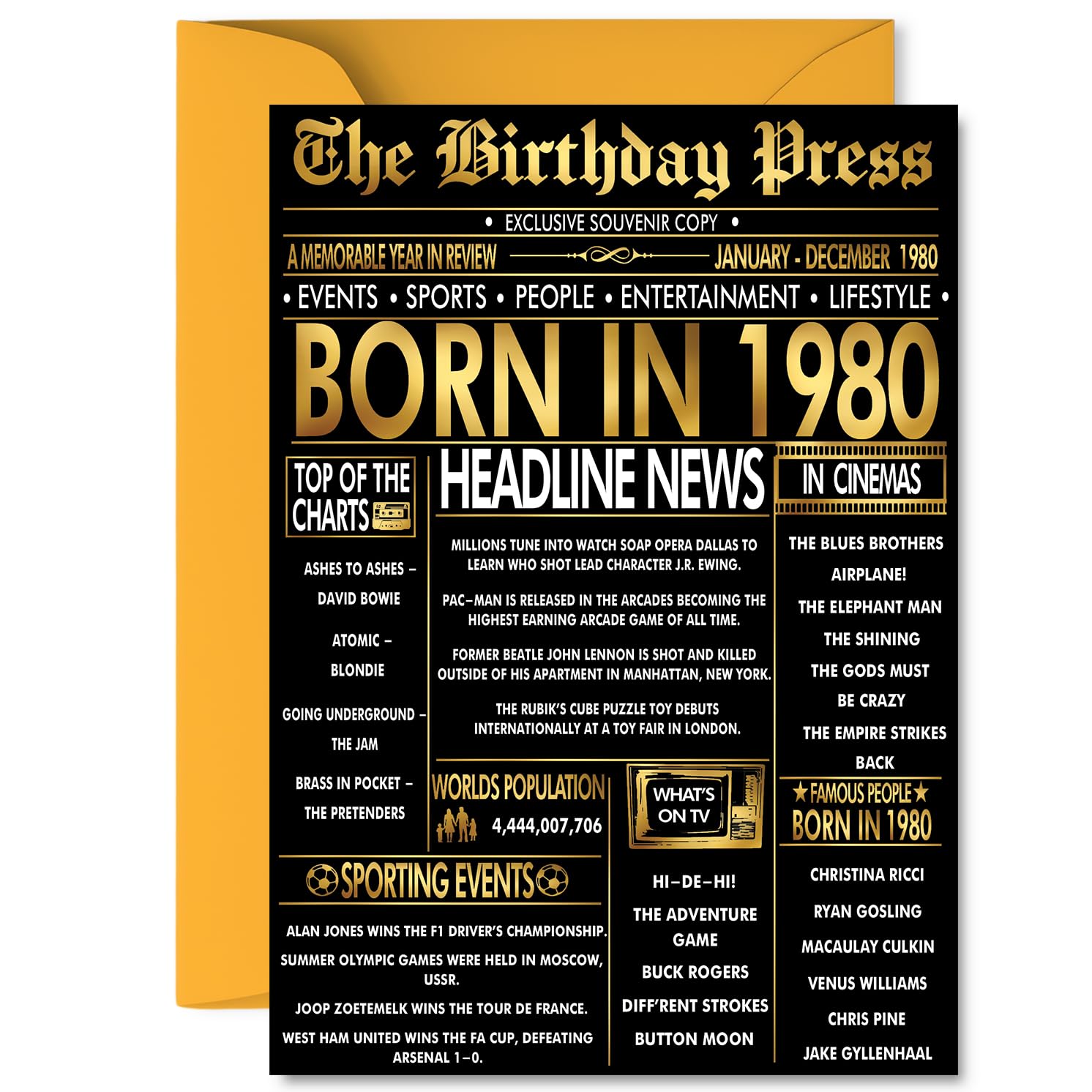 Gold 46th Birthday Card for Men Women - Black & Golden Newspaper Born in 1980 - Happy 46 Birthday Cards for Dad Niece Neighbour Colleague Friend Daughter, A5 Bday Greeting Cards