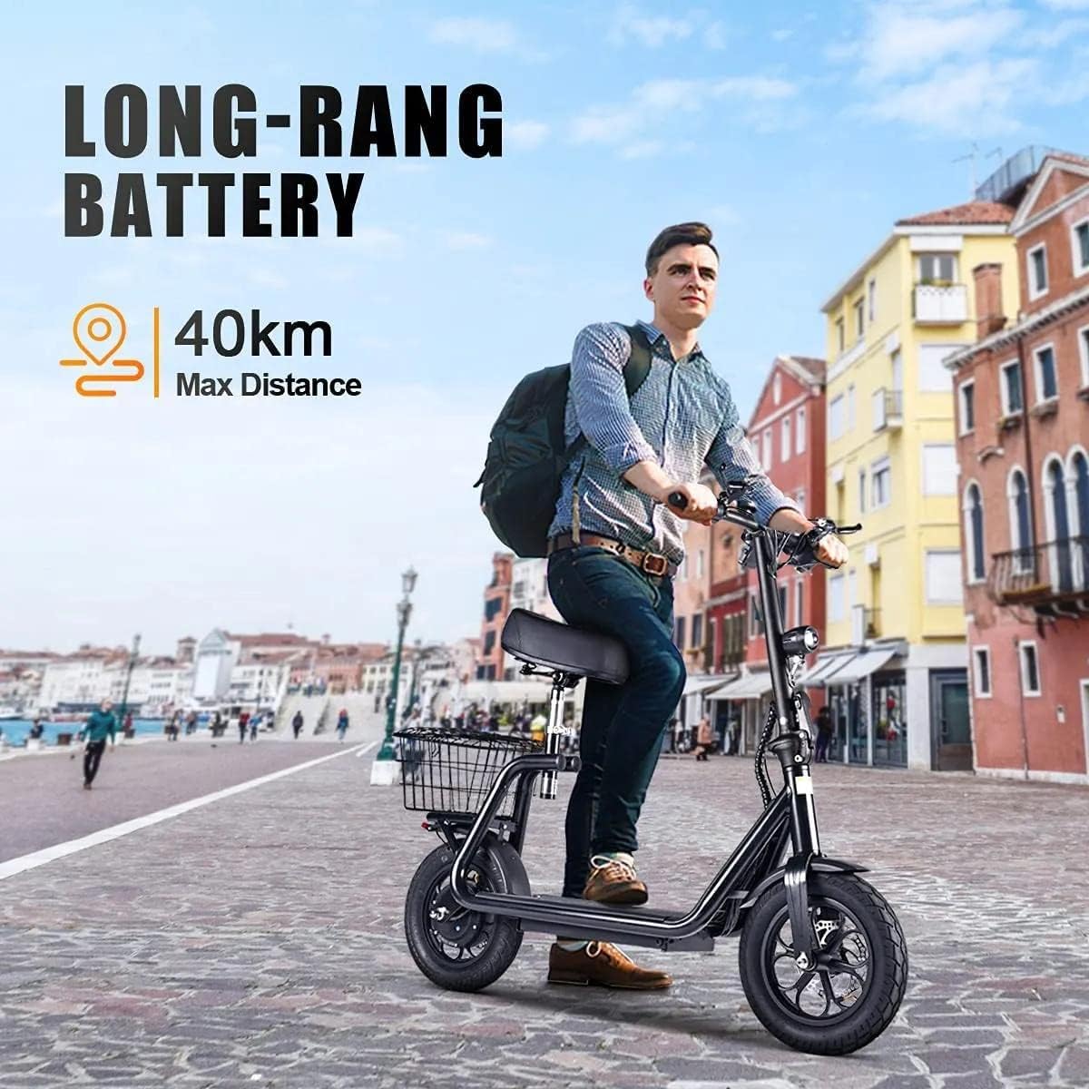A person riding the Bogist M5 Pro Electric Scooter in an urban setting, emphasizing its 40 km max distance battery.