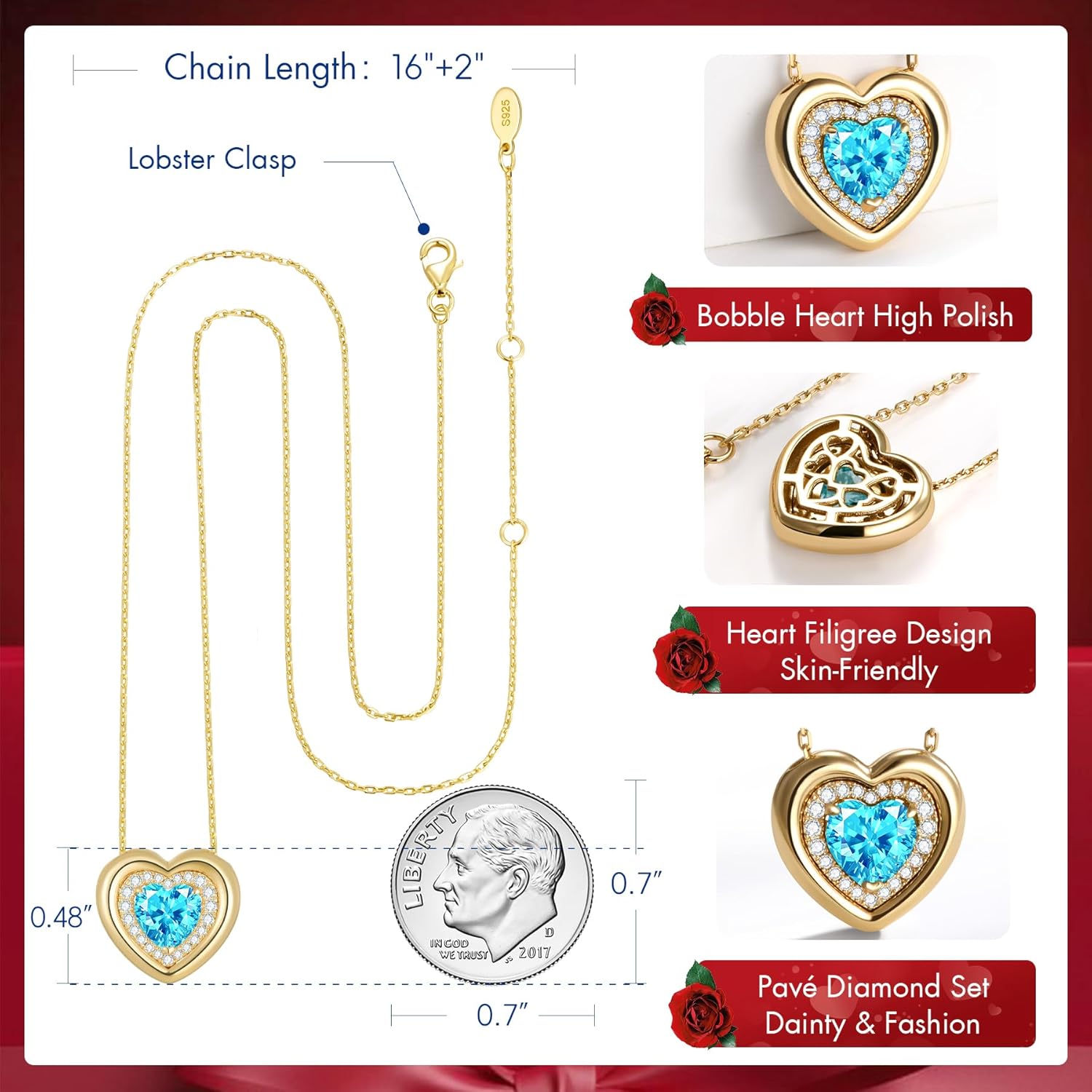 Kstyle Valentine's Day Gifts for Women - 14K Gold Filled 925 Sterling Silver Heart Birthstone Pendant Necklaces, Anniversary Birthday Jewelry Gifts for Wife Daughter Mom Grandma, Non Tarnish 16"+2" - Image 6