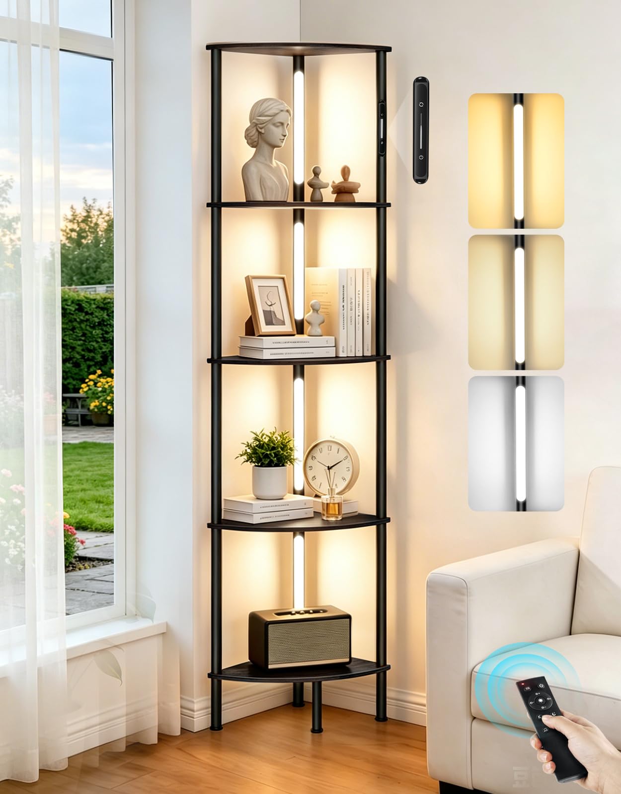 OUTONLIFE LED Floor Lamp with Shelves, Touch & Remote Control, Dimmable Display Shelf with 3 Color Temperature, 1-Hour Timer, Modern Corner Bookshelf for Living Room, Bedroom, Office(Black)