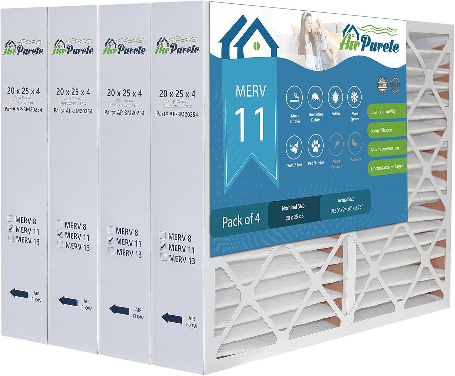 20X25X4 Furnace Filter | AirPurete AP-3M20254 | Actual Size: 19.50 x 24.50 x 3.75 | MERV 11 | Pack of 4
