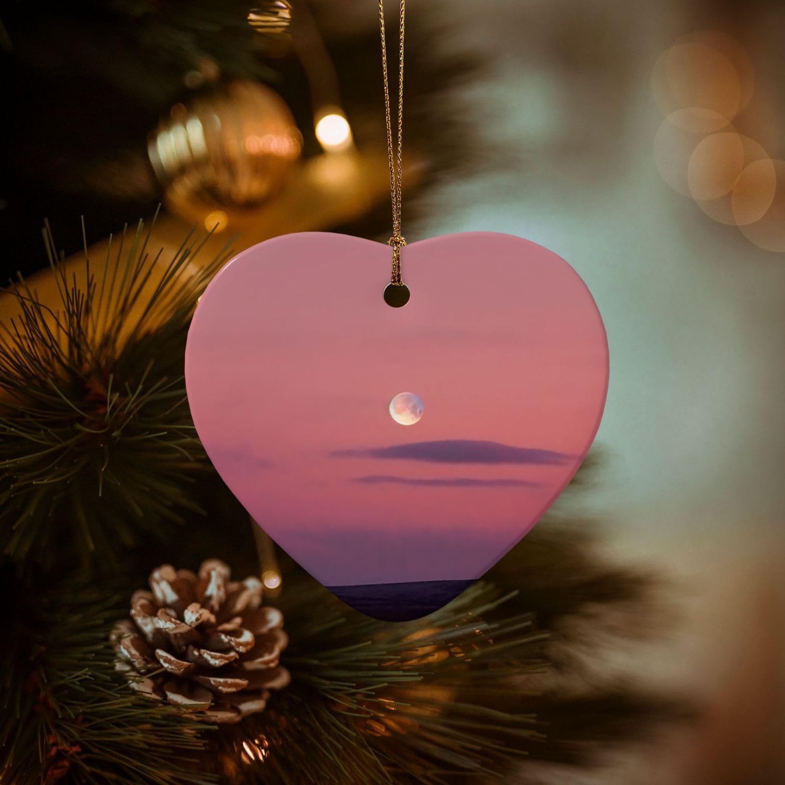 Christmas Tree Ornaments Ceramics Christmas Decorations Sky and Moon Ornaments with Gold Ribbon Porcelain Xmas Tree Crafts Heart Shape Hanging Pendant for Christmas Tree Party Decor