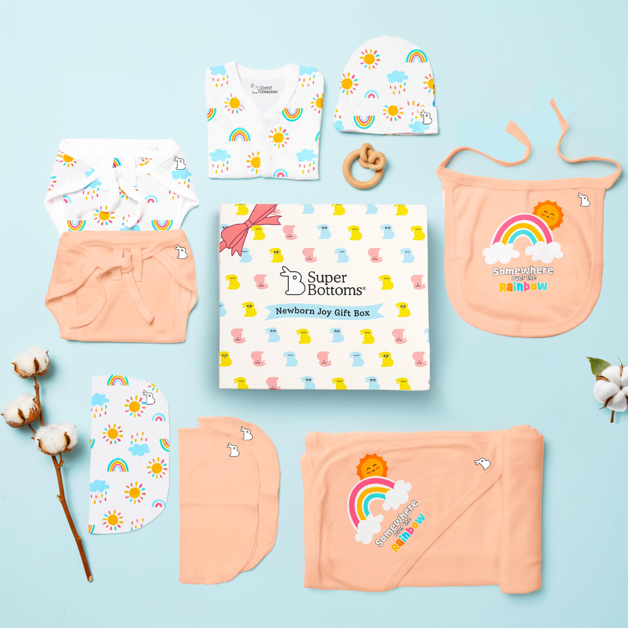 SuperBottoms Baby Gift Set for New Born - Skin-Friendly Newborn Essentials - Ideal Gifts for Newborn Baby – Unisex Clothing - 0-3 Months – 11 Pieces Baby Gift Hamper (Peach)