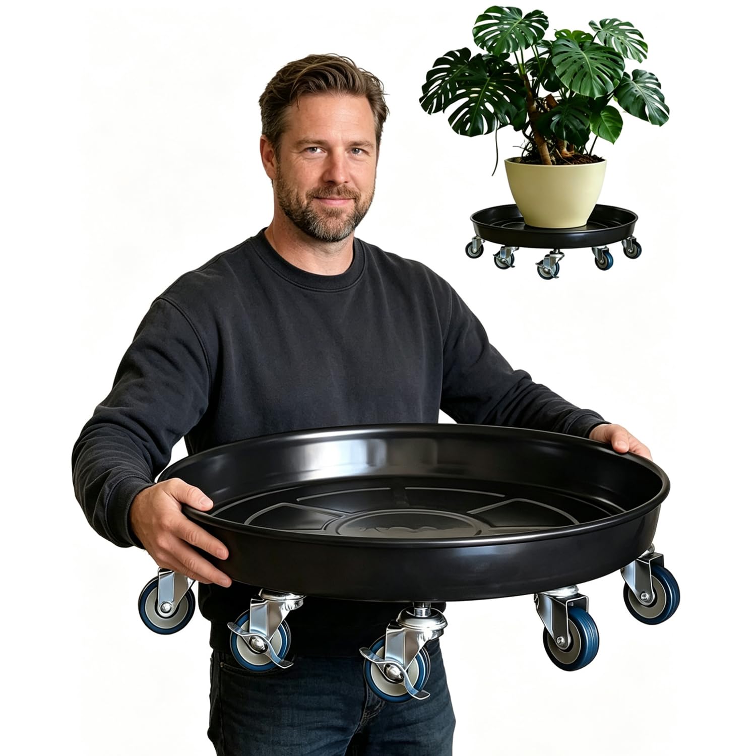 SKAFORZ Rolling Planter Caddy(570lbs Capacity), Heavy Duty Metal Plant Stand with Brake Wheels Plant Dolly Mover Plant Pot Tray Saucer for Indoor Outdoor 20 Inches Black