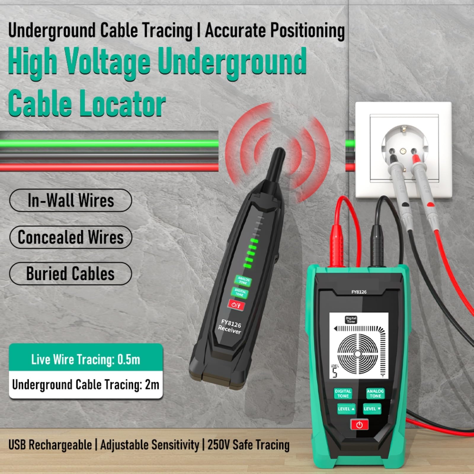 Probador de cables de red, FY8126 Localizador de cables subterráneos Detector de tuberías telefónicas Probador de buscador profesional,para cable de red