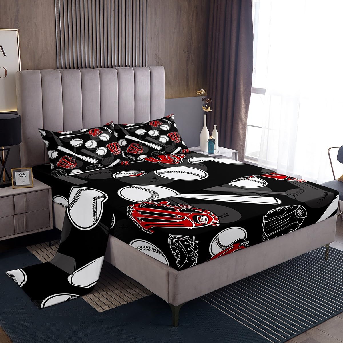 Erosebridal Baseball-Bettlaken King Size Softball Bettlaken Set Sportschläger für Kinder Jungen Teens Herren Ballspiel Spannbetttuch Rot und Schwarz Bettwäsche Set Bettlaken 4-teilig Bettlaken