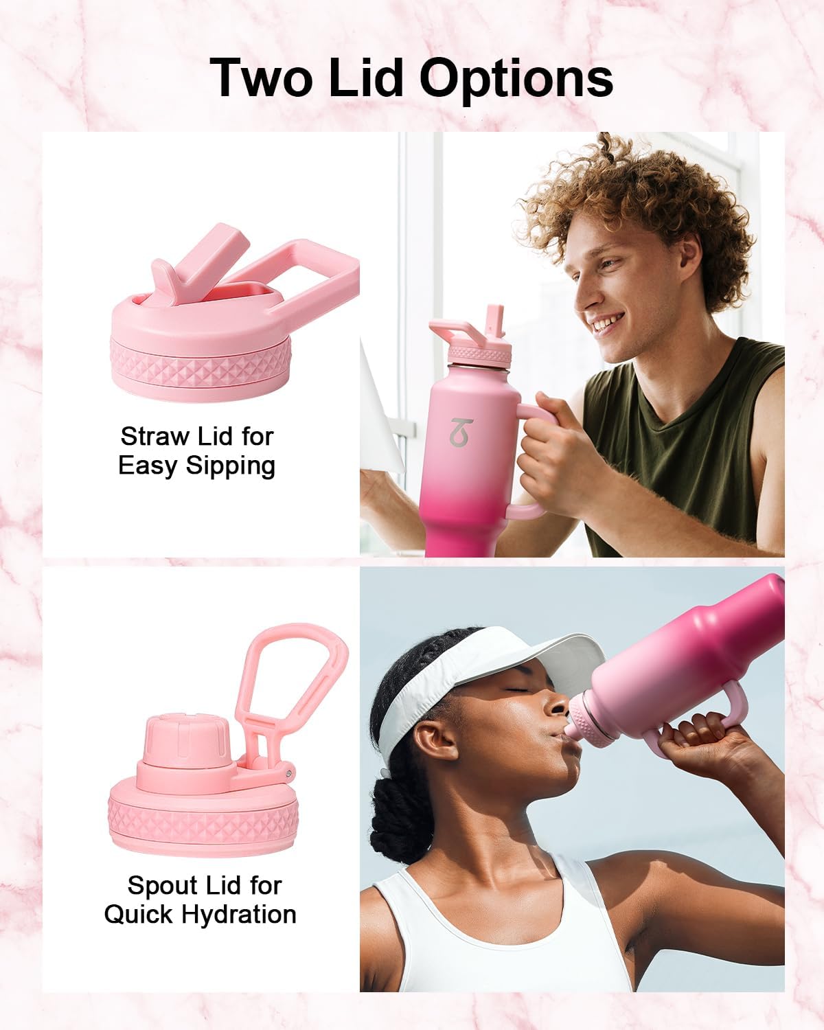 Trebo 40 oz Water Bottle Insulated with Handle, Leakproof Keep 24hrs Cold &Hot,Stainless Steel Travel Tumbler that Fits in Car Cup Holder with Straw Lids,Pink Reusable Water Bottles for women - Image 5