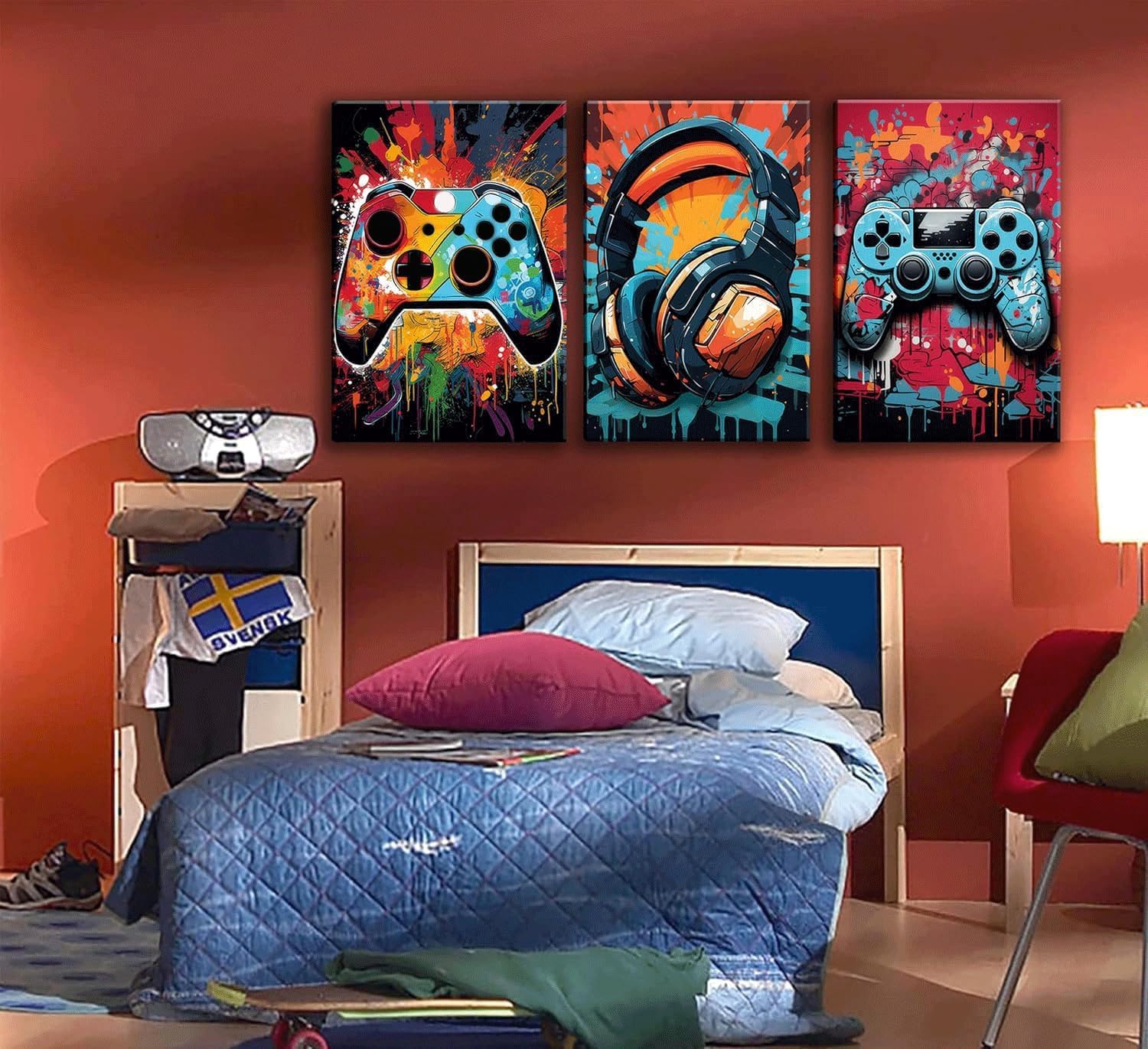 3Pcs Cool Gaming Wall Art Retro Video Game watercolor Posters Pictures Colorful Neon Gamepad Canvas Painting Prints for Boys Room Kids Game Room Bedroom for Boys Home Decoration Ready to Hang 16x24in