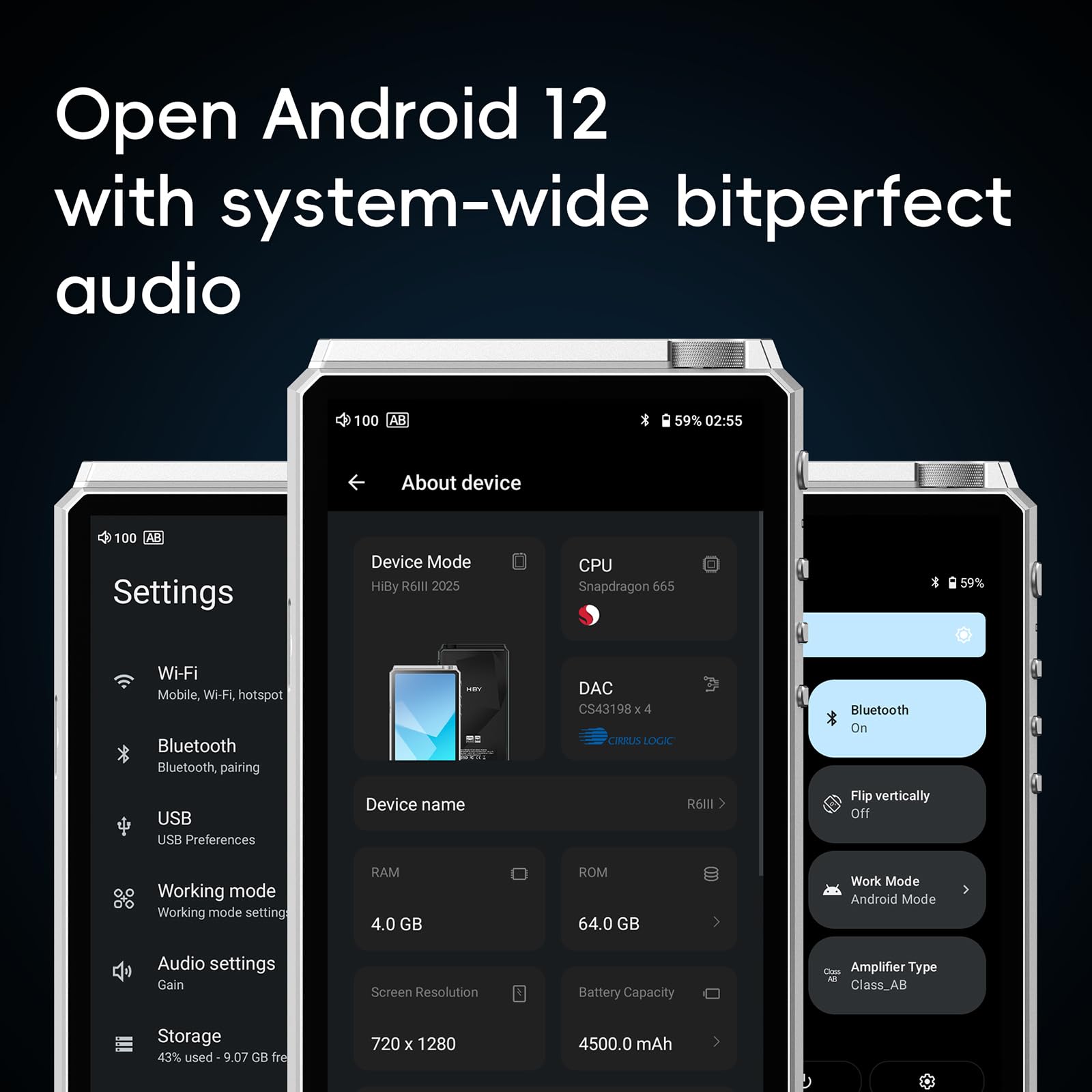 HiBy R6III 2025 Lettore DAP ad alta risoluzione Lettore MP3 audio con amplificatore classe A e AB/Android 12/Bluetooth 5.0/WiFi/64G+2TB memoria espandibile