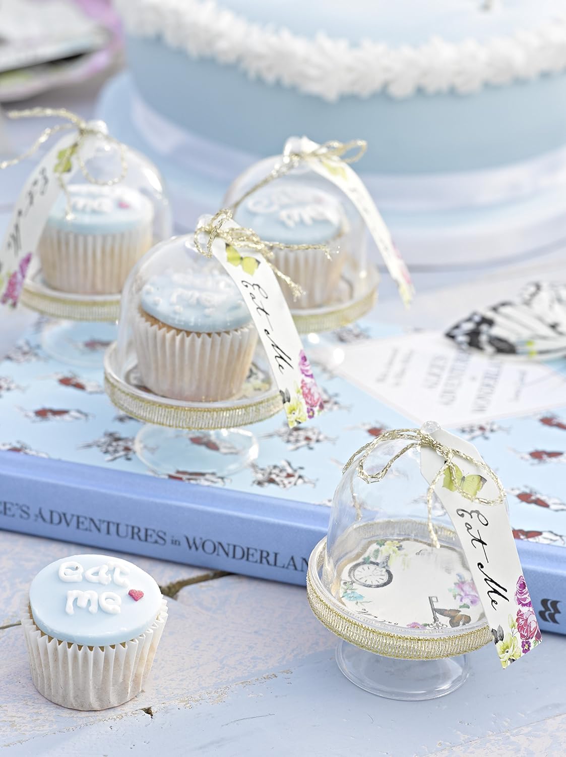 24 x Mini Cake Domes Alice in Wonderland Tea Party Decorations Set Whimsical Party Favors, Mad Hatter Macaron Table Props Kids Birthdays Bridal Showers Baby Shower Decor Bridgerton Wedding favour