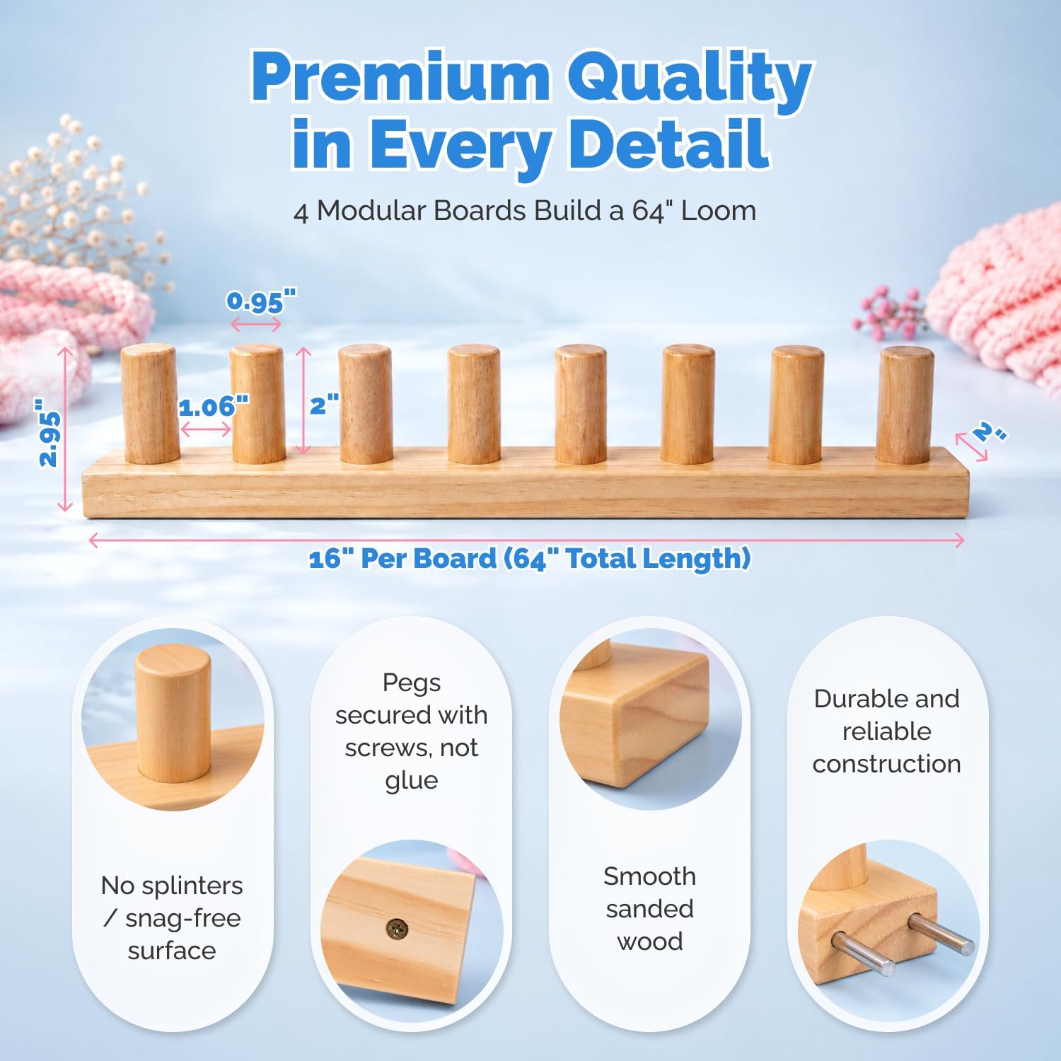 LEOGOR 64-Inch Chunky Blanket Loom Kit – Expandable Wooden Hand Knitting Board for Jumbo Yarn, Modular Frame with Pegs for Beginners, Scarves & Throws