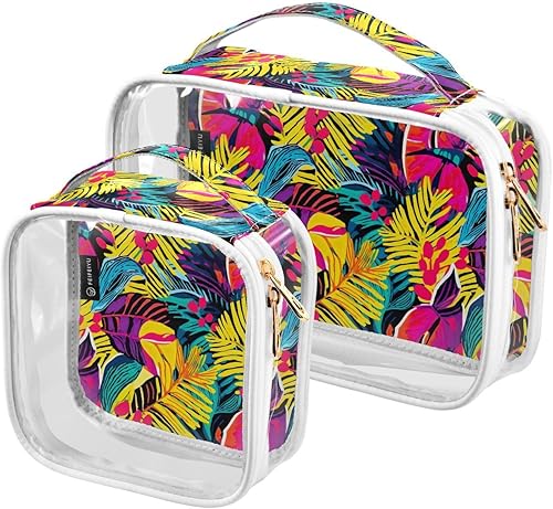 Tropical Leaves Clear Toiletry Bag for Traveling,2 Pack Makeup Cosmetic Bag with Zipper,Travel Bag for Toiletries,Travel Essentials 21214859