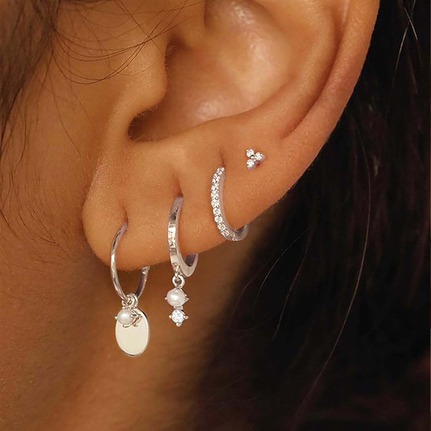 Stack Earrings For Women,Dainty 14K Gold Plated Pearl Hoop Huggie Earring Set Cute Chain Cartilage Earring Stack Trendy Hypoallergenic Long Drop Stud Earrings Jewelry - Image 2