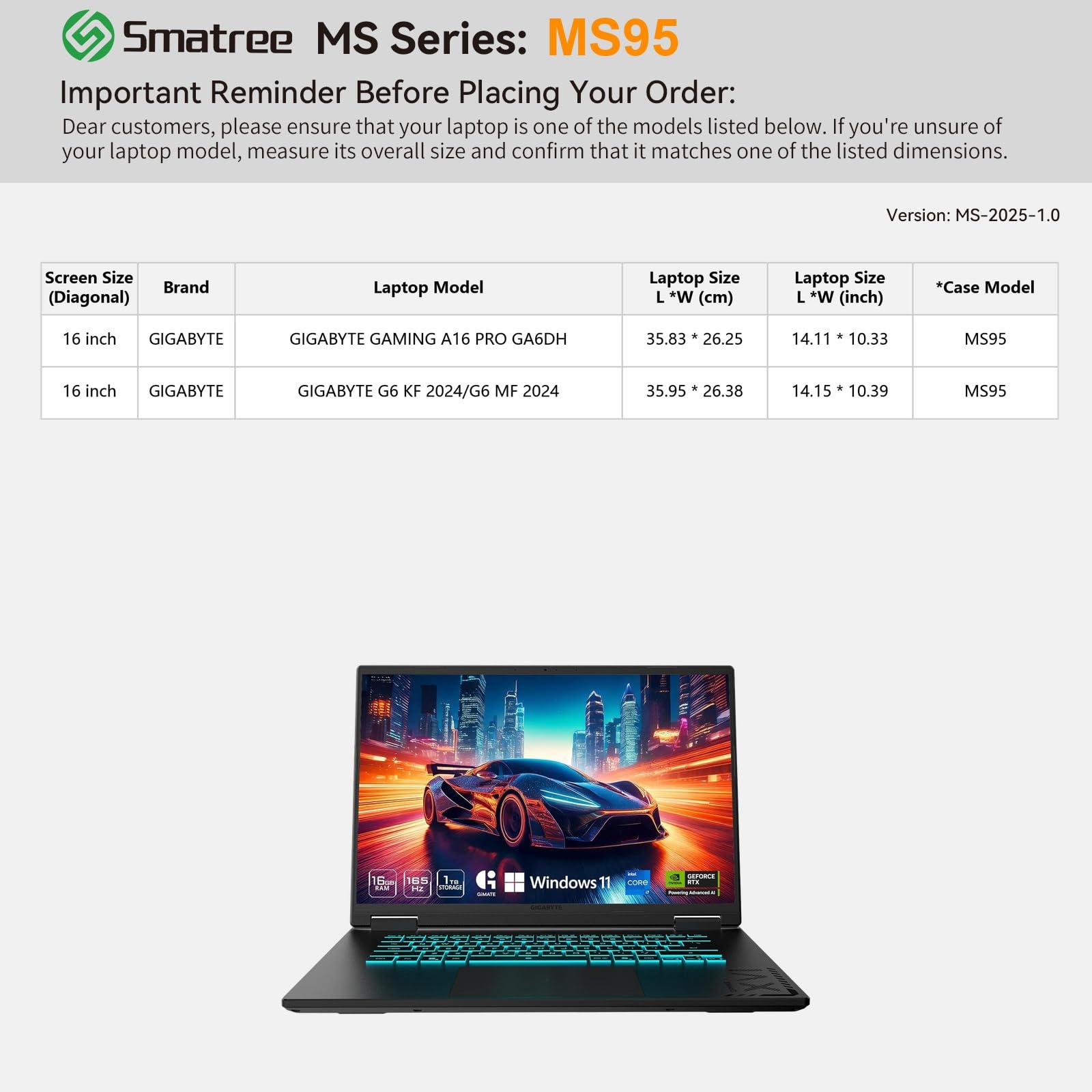 Smatree MS95 custodia rigida in EVA idrorepellente con supporto per 16 pollici GIGABYTE G6 KF/MF 2024 Gaming portatile, idrorepellente e antiurto portatile borsa