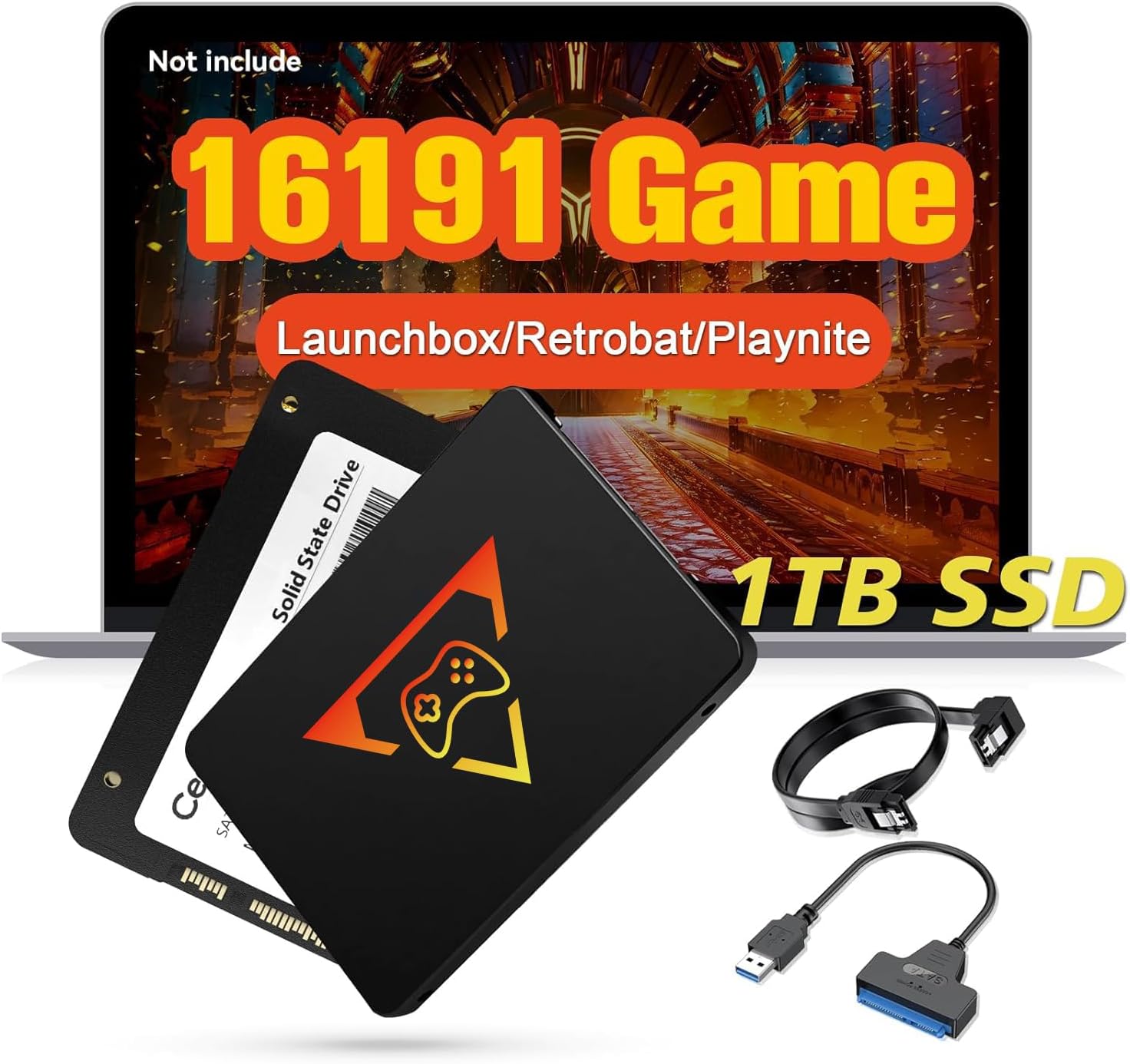 Retro Game Console SSD 1TB, 16191 Video Games, 80+ Emulator Console, 86 AAA PC Games, 3 Game Systems, Launchbox Hard Drive Emulator, Compatible with Win 8.1/10/11 PC, 1 Sata to USB-A Cable, Sata Cable