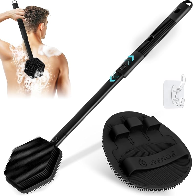 Escova de silicone para costas com luva de banho, cabo ajustável e cabeça dupla GEENOA, conjunto com 2 peças, preta