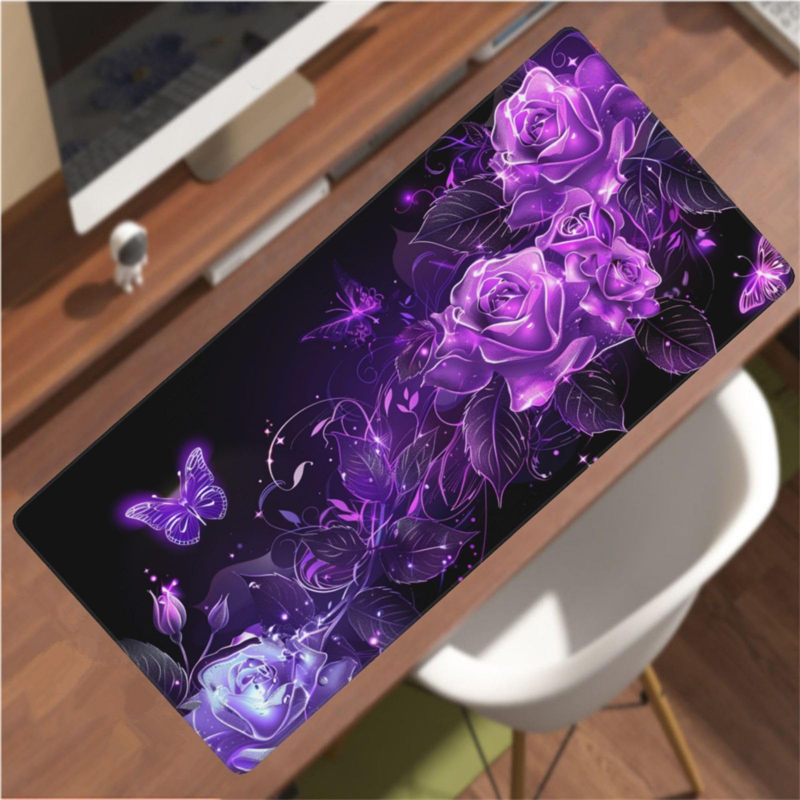 Tappetino Mouse XXL Fiore & Viola, 100 x 50 cm Tappetino da Scrivania G450 | Tappetino per Mouse, Base in Gomma Antiscivolo, Superficie Impermeabile, Bordi Cuciti, Tappetino Scrivania per Ufficio, Gioco
