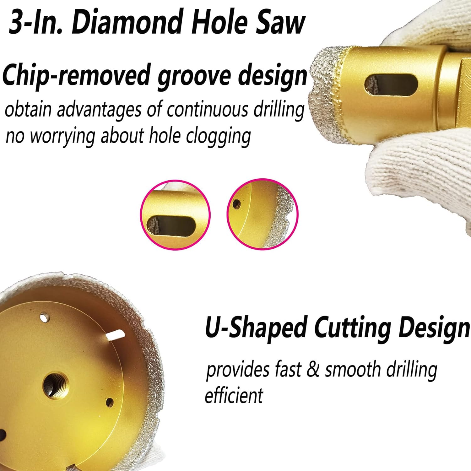 3 Inch Dry/Wet Diamond Hole Saw for Angle Grinder - 75mm Porcelain/Tile Core Drill Bits for Ceramic Marble Brick Granite Stones Attach Round Shank Adapter