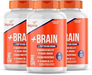 + Brain Triptofano 600mg Colina Relax e Foco, Biogens, Kit 3x 60 cápsulas