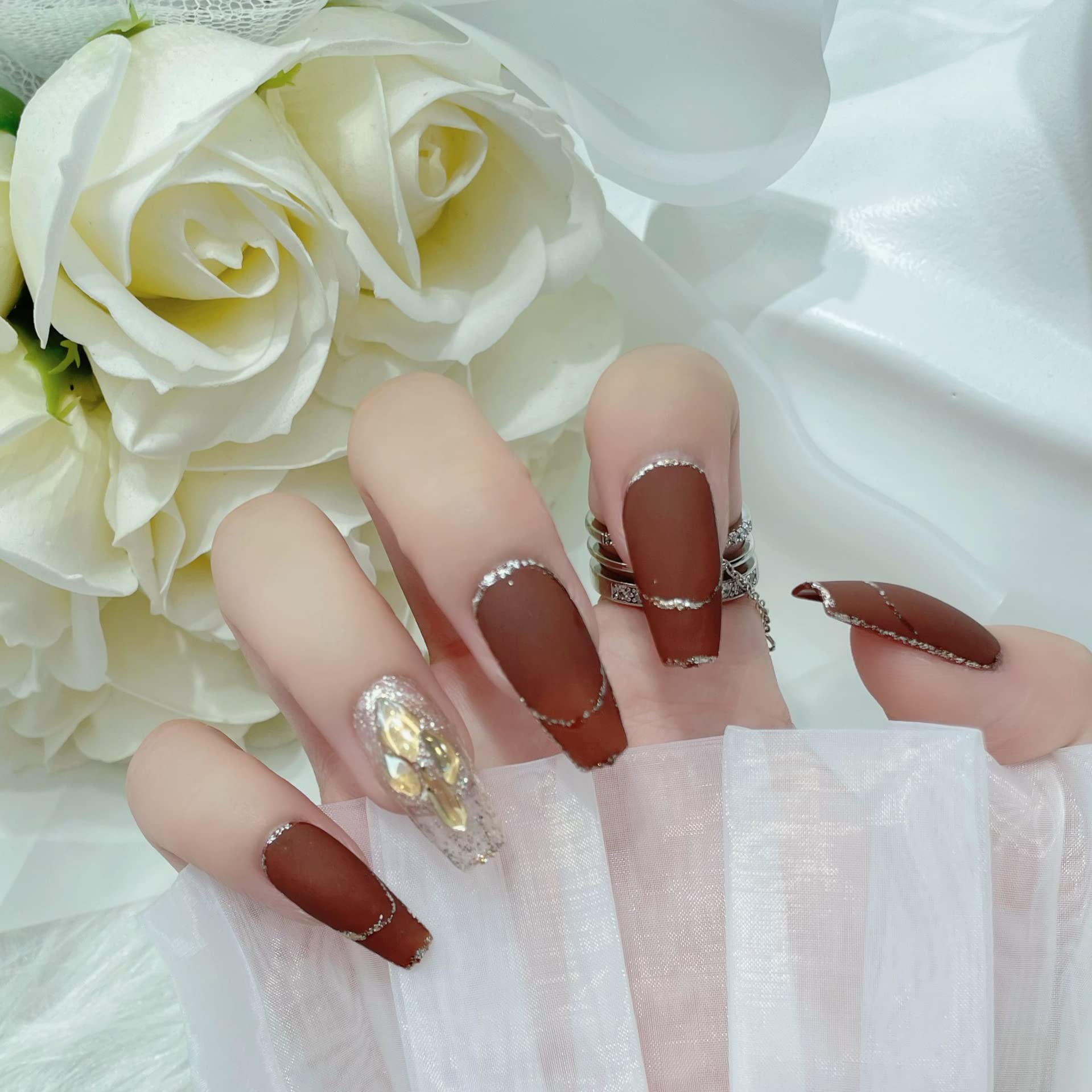 Bling Press on Nails, Unghie finte con finitura riutilizzabile di lusso, Nail Art fatta a mano con design di manicure con licenza (XL, A) (AL)