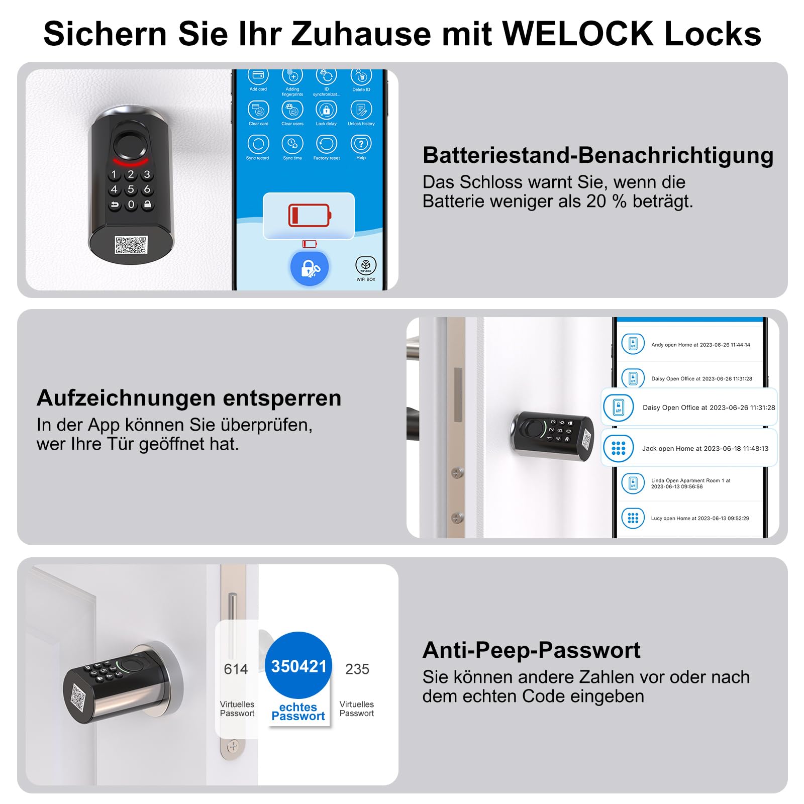 WELOCK U71 Fingerabdruck Passwort Türschloss mit Schlüssel für EU-Profiltür | Elektronisches Türschloss Code mit App und Karte, Zahlencode Türschloss Verstellbarer, Smart Lock für 60-90mm tür